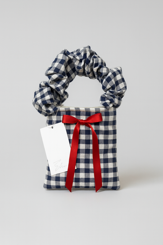 Lesley Pouch Navy Vichy with red bow